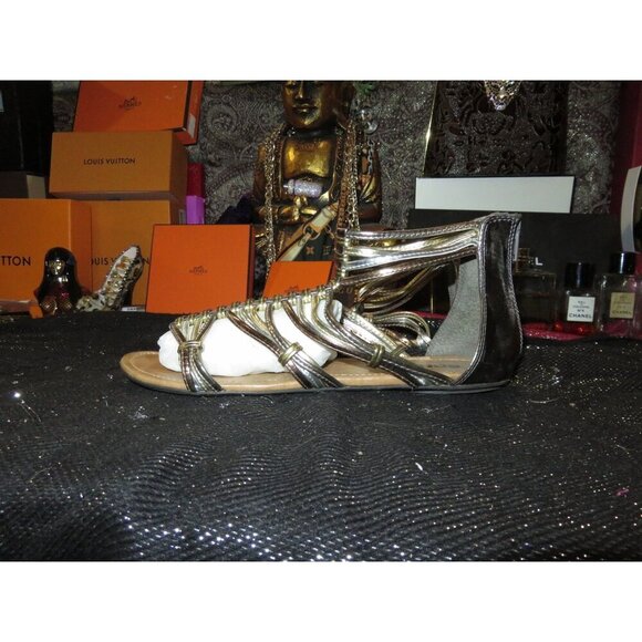BOGO SODA Gold & Silver Metallic Caged Gladiator Zip Back Strappy Flat Sandal 8 - Picture 1 of 6